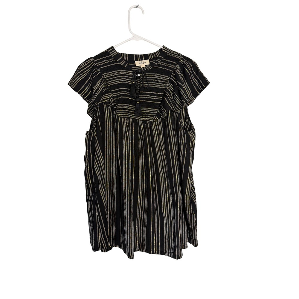 Style & Co Womens 0X Black Gold Metallic Stripe Flutter Sleeve Tassel Blouse